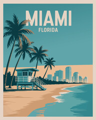 Miami Florida Travel Poster &ndash; Vintage Beach Skyline Illustration