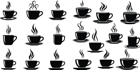 Obraz premium A diverse collection of steaming coffee cup silhouettes, each featuring unique mug shapes and steam patterns, for beverage branding