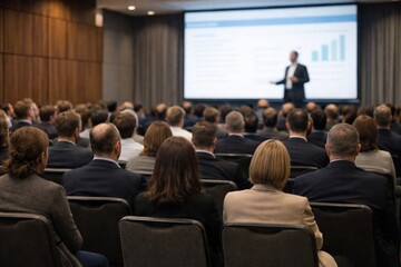 Rear view of a professional conference hall with a large audience attending a business presentation, visible presentation content on screen, modern corporate training or seminar environment.