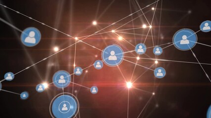 Animation of network of connections with icons and light trails on black background - Powered by Adobe