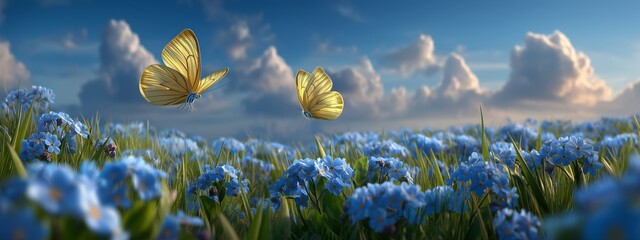Two butterflies flying in a field of blue flowers