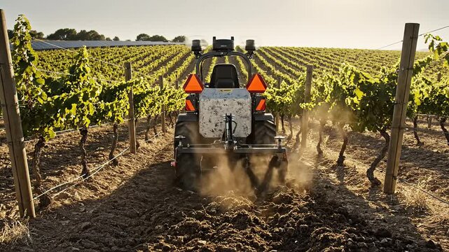 Agricultural tractor tilling vineyard soil modern technology future farming progress visual