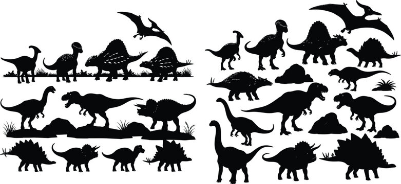 Ancient prehistoric dinosaur silhouettes collection featuring various species like T rex and triceratops with land elements