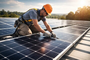Industrial solar technician inspecting rooftop solar panels in a large factory complex under bright midday light, showcasing large-scale renewable energy adoption and modern sustainable industry.