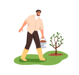 Sapling tree care. Man planting outdoors, carrying bucket with soil, ground, compost for seedling growth. Seasonal outdoor gardening work. Flat vector illustration isolated on white background