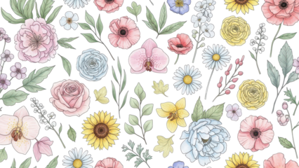 Beautiful vector seamless floral pattern with watercolor hand drawn gentle summer flowers. Stock illustration. Natural artwork.