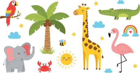 Obraz premium Cute cartoon jungle and safari animals vector set with giraffe elephant flamingo parrot crocodile palm tree and sun