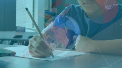 Animation of spinning globe and data processing over asian boy studying in the class at school - Powered by Adobe