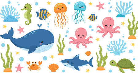 Cute cartoon ocean animals vector set with whale shark octopus jellyfish turtle fish and underwater sea elements © Sarmen Creative