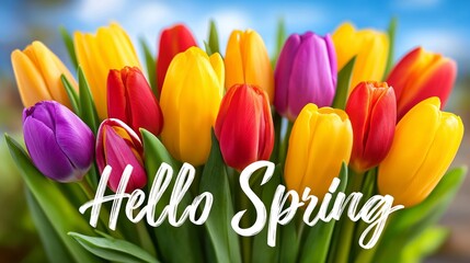 A bouquet of tulips with the words "Hello Spring" written below