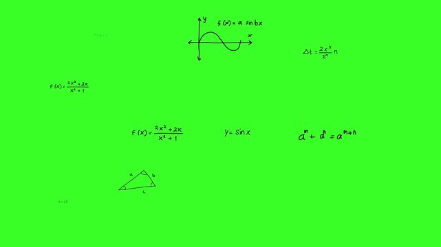 Mathematical formulas green Screen Overlay. Seamless Loop Background Scientific math educational concept. Math, Animated Equations VFX, 4K Chroma Key Formulas, Physics Overlay, Motion