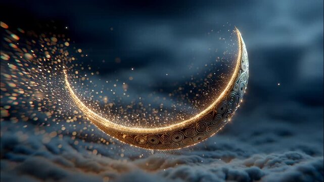 Magical glowing crescent moon with intricate patterns appearing over cloudy night sky with sparkling particles and soft lighting