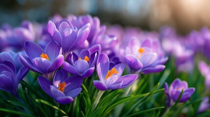 A bunch of purple flowers with orange centers