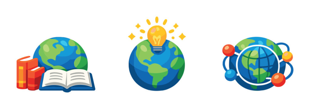Educational icons: books, ideas, and connectivity represented by globes