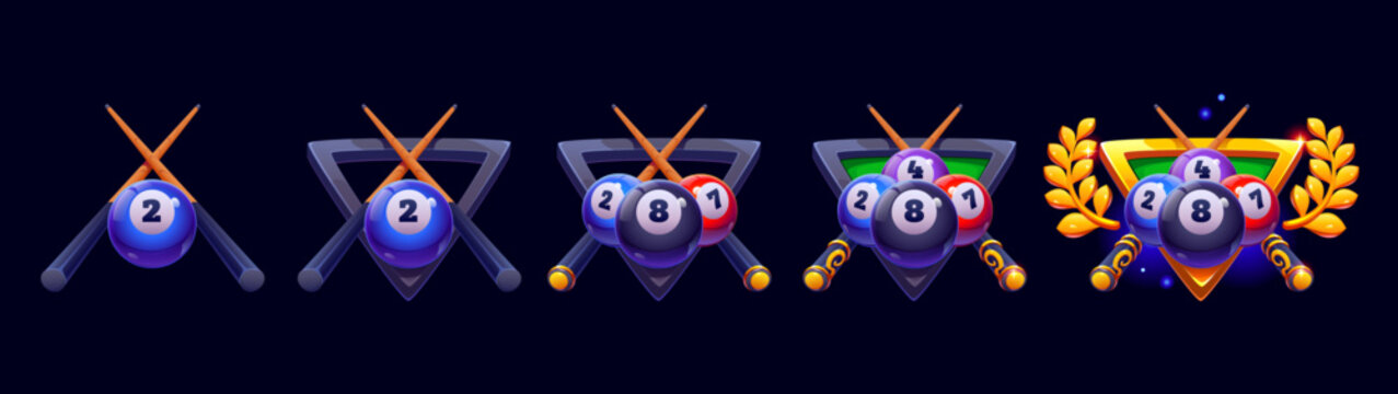 Billiard game rank badge. Vector sport award and medal with cartoon crossed snooker cues, numbered balls and triangle frame. Game level progressing from to golden trophy rank badge with laurel wreath