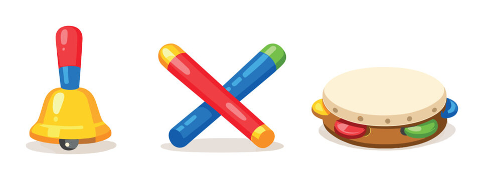 Colorful children's musical instruments with bell, claves, and tambourine on grey background