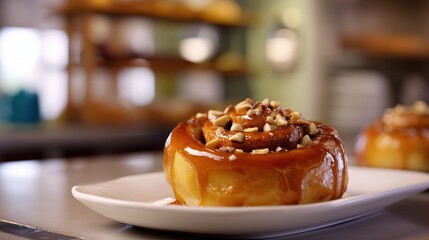 Sticky bun dessert with caramel glaze and nuts shown in close food scene highlighting sweet baking comfort pastry texture and simple indulgent everyday lifestyle moment