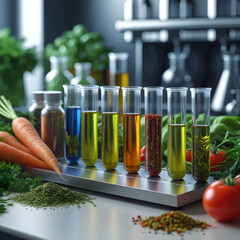 Close-up of vibrant genetically modified fruits and vegetables arranged on a white surface, symbolizing modern agriculture and biotechnology advancements in food production.