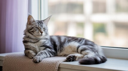 Silver-Gray Maine Coon Tabby on Beige Knit Blanket at Window &mdash; Cozy Header