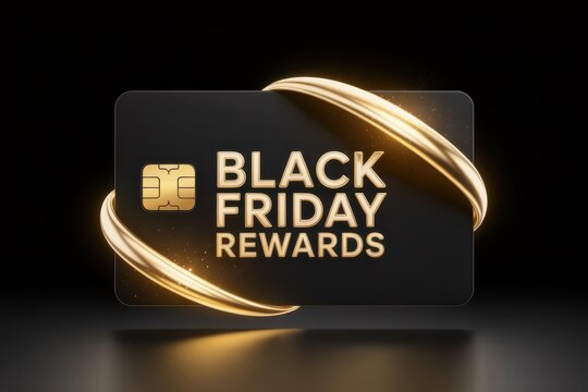 Luxury Black Credit Card Mockup &mdash; Gold Chip & Embossed "BLACK FRIDAY REWARDS", Glowing Gold Ribbon, Floating on Dark Background for Banner/Email/Landing Page