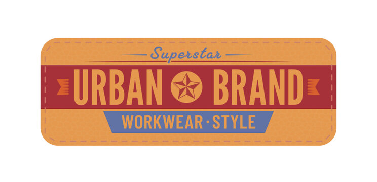 Denim jeans leather patch label, vintage tag. Urban brand workwear style, vector retro denim badge with star symbol and classic stitching. Brown rectangle leather tag for apparel and jeans branding