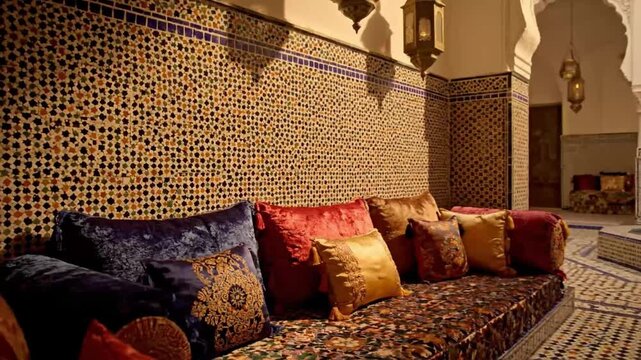 4K Video Exotic Moroccan Riad Interior with Intricate Zellige Tilework and Traditional Arches