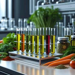 Close-up of vibrant genetically modified fruits and vegetables arranged on a white surface, symbolizing modern agriculture and biotechnology advancements in food production.