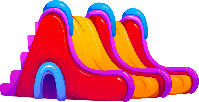Trampoline park inflatable castle bouncy house, double slide in red, orange, and blue colors. Isolated cartoon vector fun structure for children play, events, parties, amusement parks and playgrounds