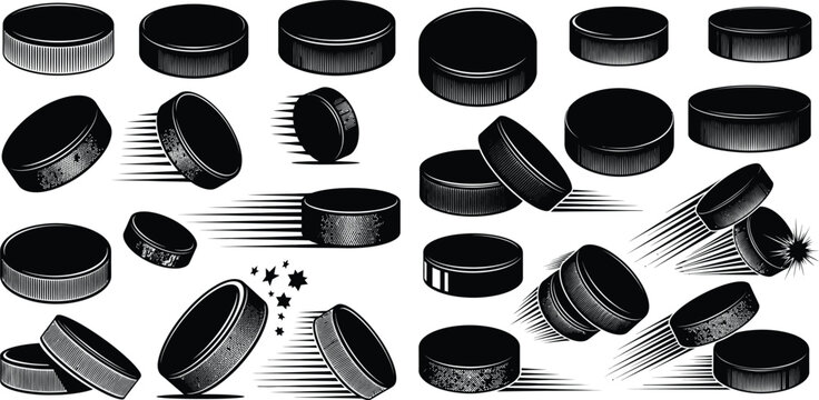 Dynamic collection of ice hockey pucks in various motions and impact scenarios on a flat surface