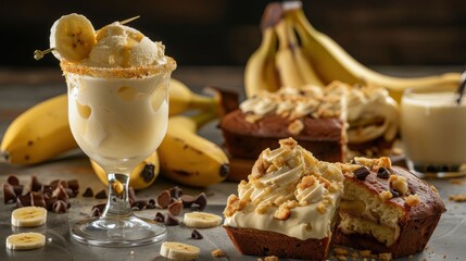 Banana bread dessert with creamy banana cocktail and fresh bananas