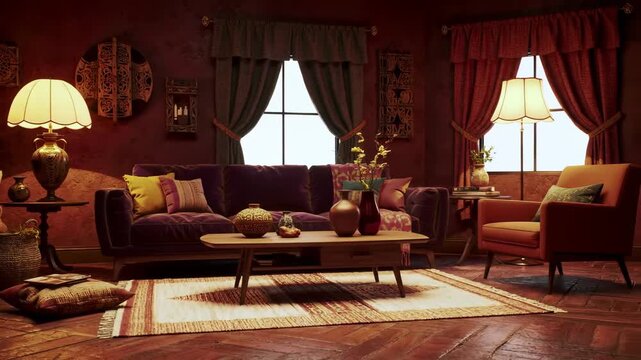 Cozy living room interior with a purple sofa, patterned rug, and warm lighting.