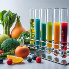  liquids from fruits and vegetables are tested in glass tubes during a science experiment in a lab setting