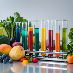  liquids from fruits and vegetables are tested in glass tubes during a science experiment in a lab setting