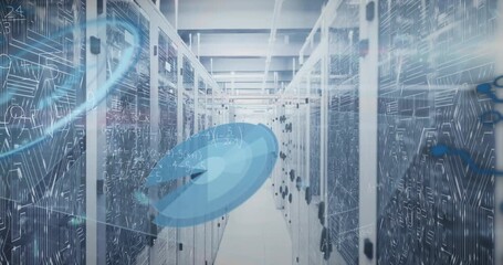 Animation of mathematical equations and data processing against computer server room - Powered by Adobe
