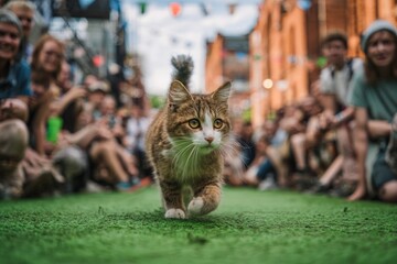 Cat Walking on Green Grass