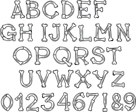 Full set of anatomical bone shaped characters including letters and digits for themed typography projects
