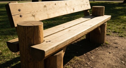 Fototapeta premium Wooden park bench, light-colored wood, outdoor setting