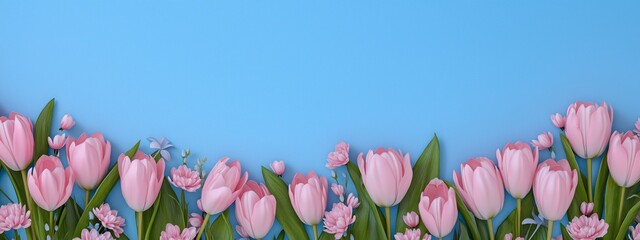A blue background with a bunch of pink flowers