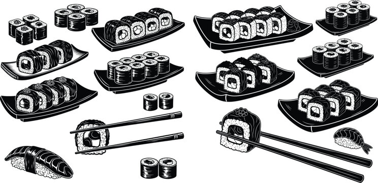 Japanese cuisine set featuring different maki rolls, nigiri, and California sushi with serving accessories