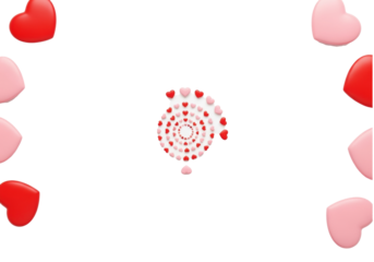 Vibrant crimson and soft pink heart shapes in concentric circles creating a radial tunnel on a transparent background, top-down, ample copy space. Concept of devotion and affection's journey