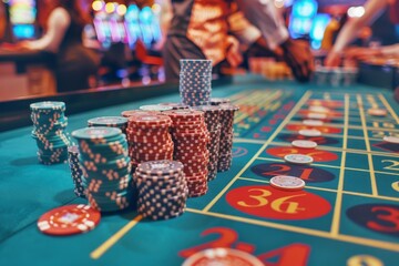 selective focus on close-up of players at poker and roulette tables