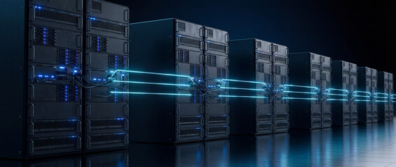 Data Processing and Storage: An intricate view of server racks, highlighting the essence of information technology and digital storage. 