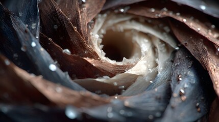 Abstract Close-Up of Spiral Pattern with Metallic Textures and Water Droplets for Design