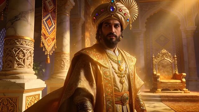 Regal Figure in Historical Palace Illuminated by Ethereal Glow.