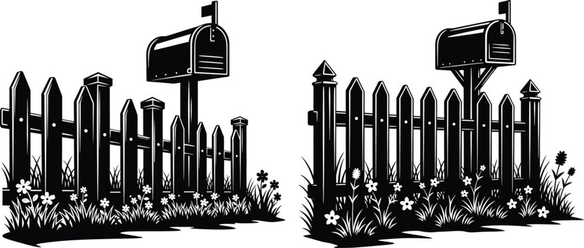 Rural residential picket fence silhouette featuring a classic mailbox and flag surrounded by garden wildflowers
