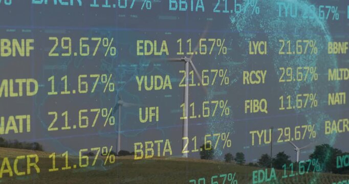 Video depicts stock data on a globe with turbines, highlighting climate change and sustainability.