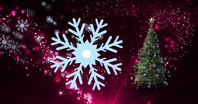 Animation of snowflakes icons falling and pink shooting star over decorated christmas tree