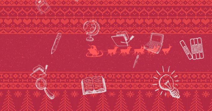 Animation of santa claus in sleigh with reindeer and school icons over christmas pattern on red
