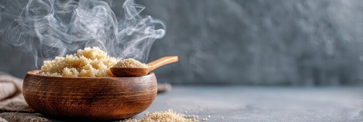 Steaming hot millet porridge in wooden bowl with spoon