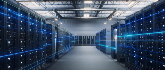 Digital Fortress: An imposing data center showcasing rows of high-performance servers, symbolizing the backbone of modern technology and data management.